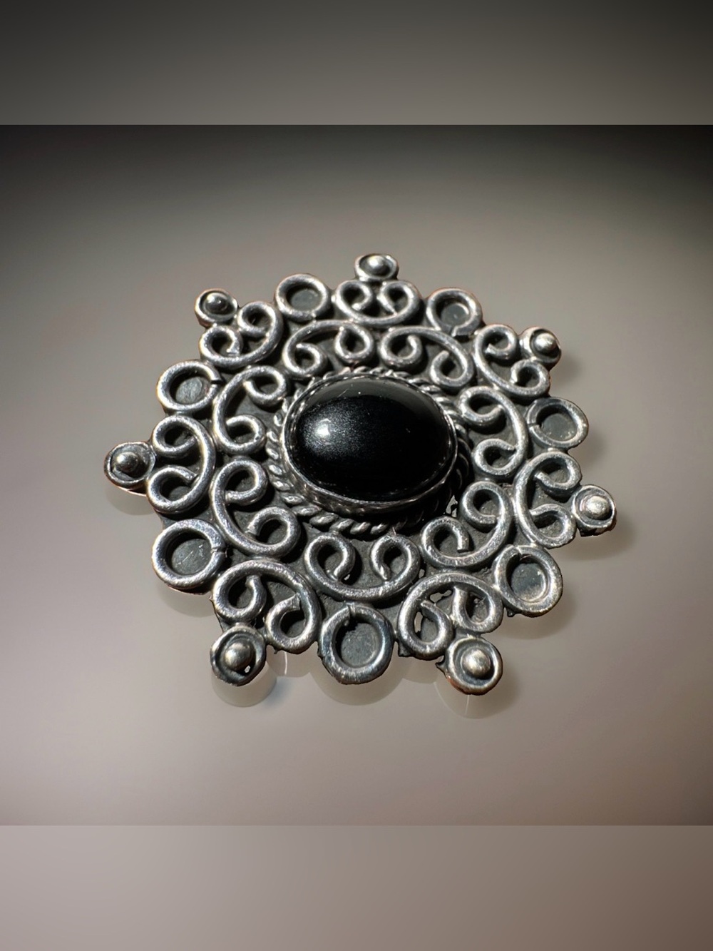 Taxco Sterling Silver Onyx Brooch 1.5” With Beautiful Overlay TS-121